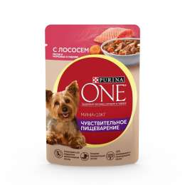 PURINA ONE паучи с лососем для взрослых собак малых пород с чувствительным пищеварением, с лососем, рисом и морковью в подливе (85 г)